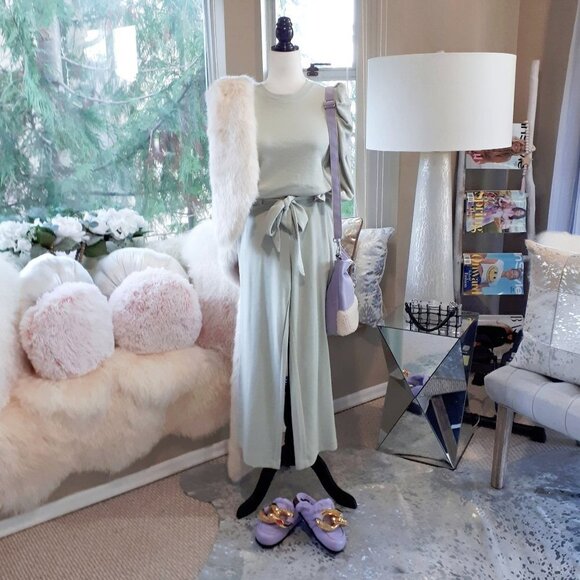 NWT Rachel Zoe icy mint green puff sleeve sweatshirt top & belted sweatpants set - Picture 1 of 14